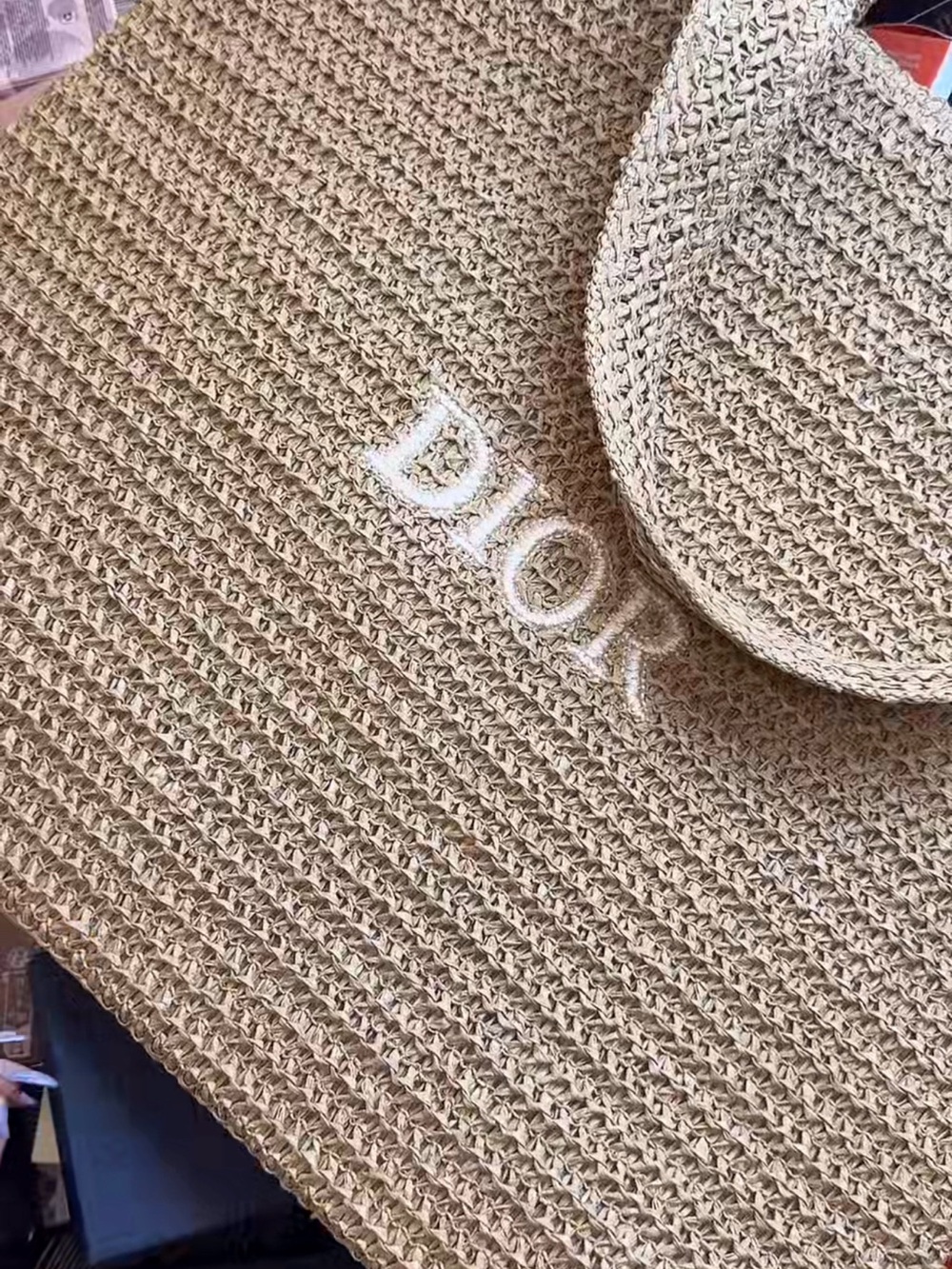 Dior Tan Raffia Tote with White Logo Embroidery